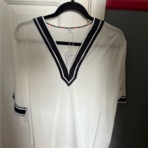 White V-Neck Women's Top with Black Trim